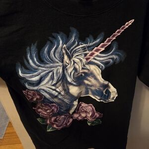 Black T-Shirt with Unicorn and Roses Design